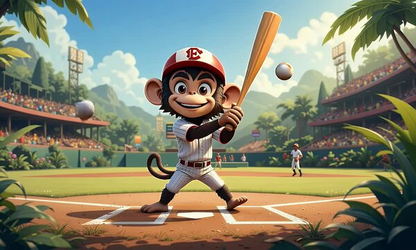 Playful Cartoon Monkey in Baseball Outfit Ready to Bat at a Sunny Tropical Stadium