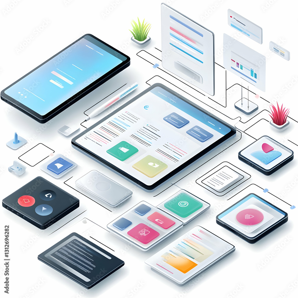 Poster modern digital interface design with devices and graphic elements