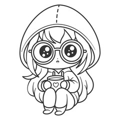 Little girl drinking a cup of coffee, for coloring