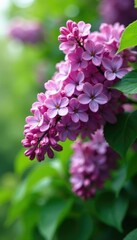Lilac tree in full bloom with hanging flowers and leaves, lilac, foliage