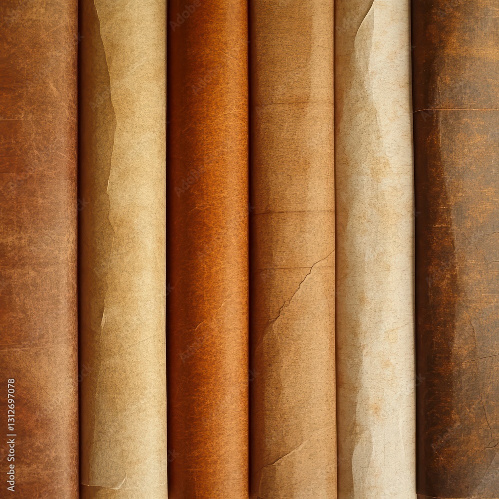Poster artisan paper rolls: an overhead shot showcases a collection of textured artisan paper rolls arrange