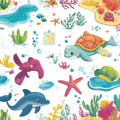 Fototapeta premium Underwater Wonderland Illustration: Charming marine creatures, from playful dolphins to serene turtles, swim amidst colorful coral reefs and seaweed.