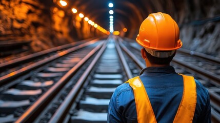 Tunnel worker on railway tracks, safety focus, night time, background for engineering