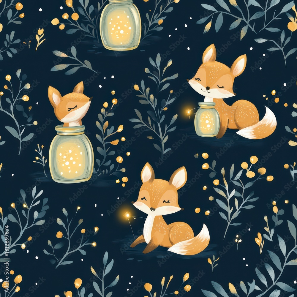 Poster whimsical fox pattern: a delightful, seamless pattern featuring charming foxes with glowing jars ami