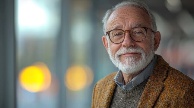 Senior man portrait, professional, smiling, modern office background, use for business, marketing, or social media - Powered by Adobe