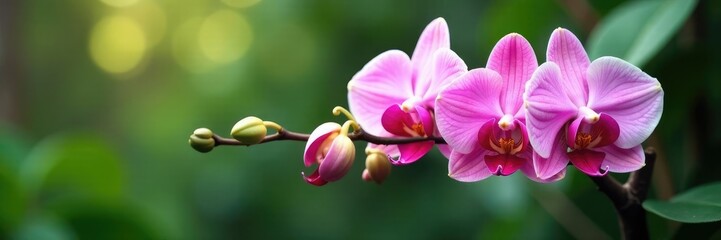 Fototapeta premium Pink and white orchid flowers on a branch with leaves and stems, plants, branches