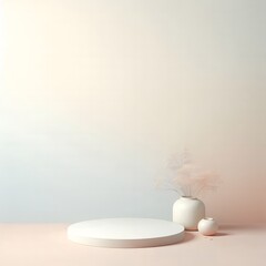 plain white background, decorated with white round boards and flower pots and simple plants, soft tones.