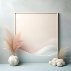 a picture frame in the middle of a flower pot and rocks, as well as grass decorations, soft colors on a white background.