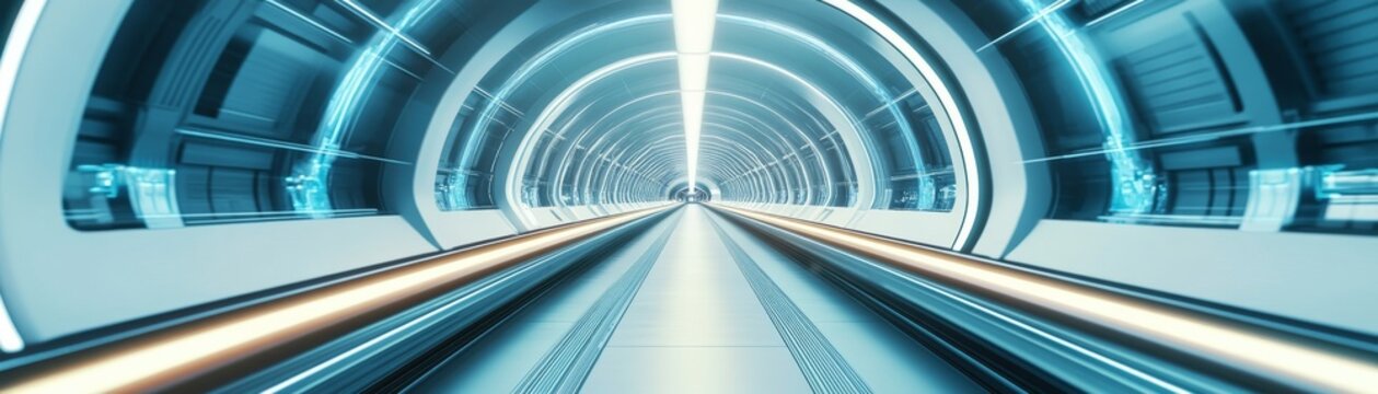 AI-controlled hyperloop station with sleek glass structures and glowing pathways