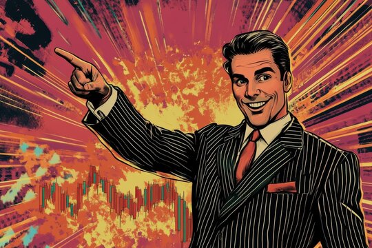 Businessman celebrates success with a stock chart and pop art backdrop
