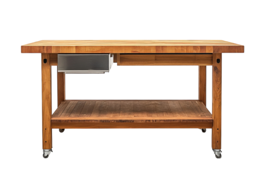 Wooden kitchen island with drawer and open shelf in modern home setting for cooking and preparation activities