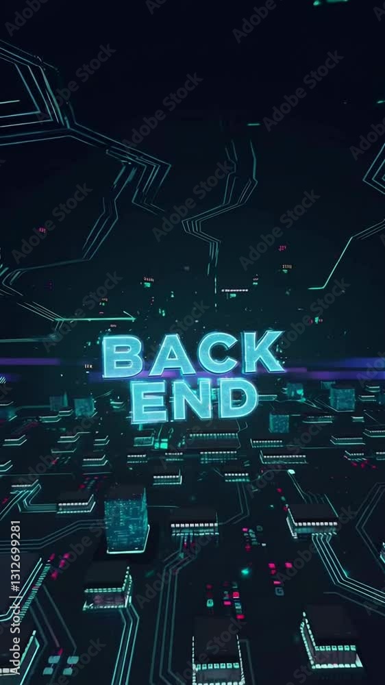 Poster futuristic back end technology visualization with digital circuitry and glowing data pathways