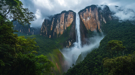 Waterfall flowing down high rocky cliff. Green trees below with low clouds. Mountain stream falls into forest. Dramatic landscape scene.