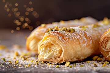 A macro shot of a Cannoncini alla crema with mascarpone filling