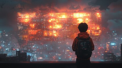 Child watches burning futuristic city skyline