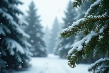 Snowflakes gently fall from the sky onto the needles of the Scots pine trees, snowfall,