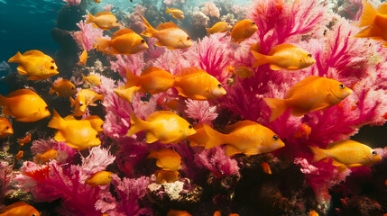 Vibrant Orange Fish School Amidst Pink Coral Reef Underwater