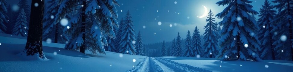 Snowflakes gently fall on a peaceful forest at night under the soft glow of the crescent moon's illumination, icy calm, snowfall, frosty trees
