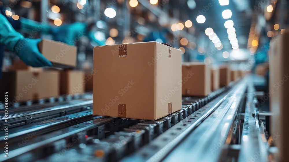 Poster packages being sorted on a conveyor belt in a busy warehouse with workers in the background