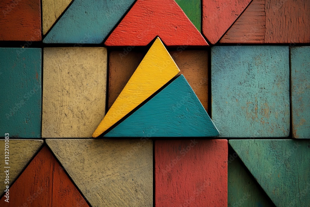 Poster abstract geometric wooden triangle pattern background texture design colorful teal yellow red blocks