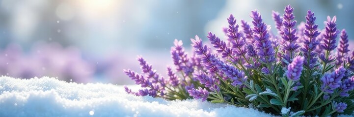 Fototapeta premium Sprays of lavender blooms isolated against snow, foliage, garden
