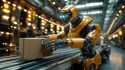 Fototapeta premium Industrial robot handling cardboard box on conveyor belt in factory