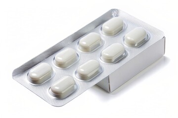 Blue pill blister pack mockup. Medical tablets blank template. 3d render isolated on white