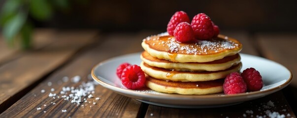 Stack of panqueques with Nutella and raspberries on a plate, breakfast dish, pancakes