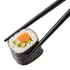 black chopsticks holding sushi isolated on transparent background 