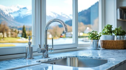 Modern kitchen sink with mountain view