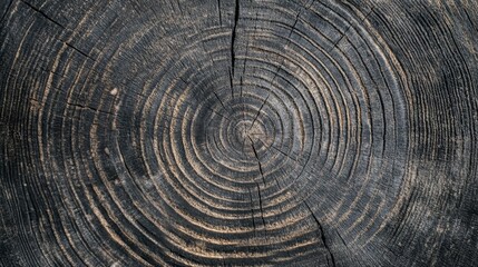 Fototapeta premium Warm gray cut wood texture. Detailed black and white texture of a felled tree trunk or stump. Rough organic tree rings with close up of end grain.
