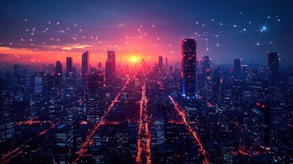 Fototapeta premium Sunset cityscape, network connections, urban development, futuristic technology, aerial view