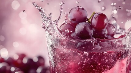 Refreshing Splash of Grape Juice with Fresh Grapes in a Glass on a Vibrant Background