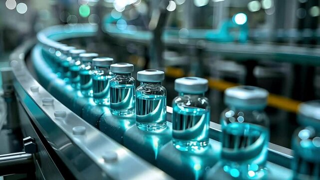 A pharmaceutical company&rsquo;s large scale production process incorporates a conveyor belt that transports small transparent bottles of medicines and vaccines, utilizing generative AI technology.