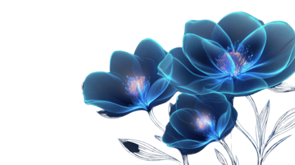 Glowing blue transparent flowers on transparent background