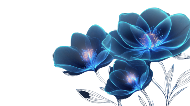 Glowing blue transparent flowers on transparent background - Powered by Adobe