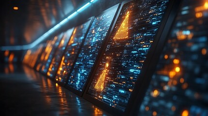 A modern server room displays data on many bright computer screens