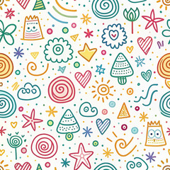 Colorful doodle pattern with hearts, stars, flowers, and whimsical characters on white background.