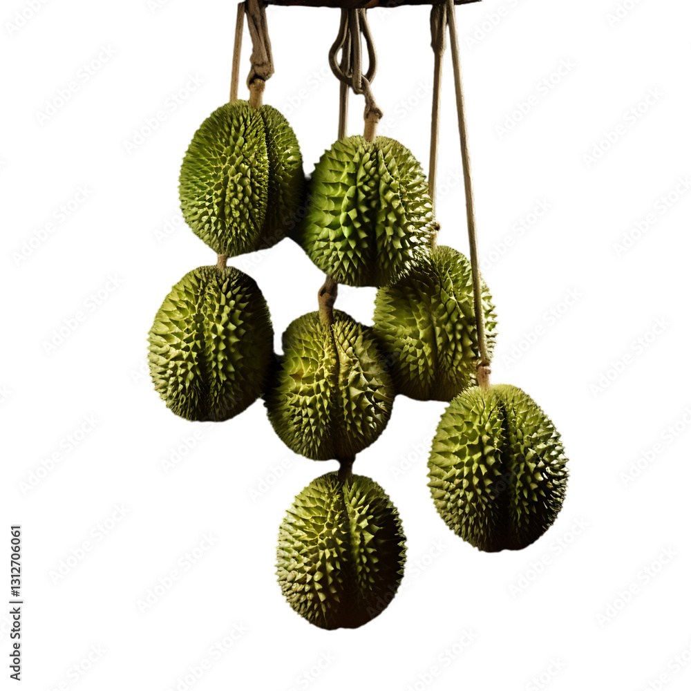 Poster durians hanging on a branch png cutout with transparent backdrop for easy use in designs and project