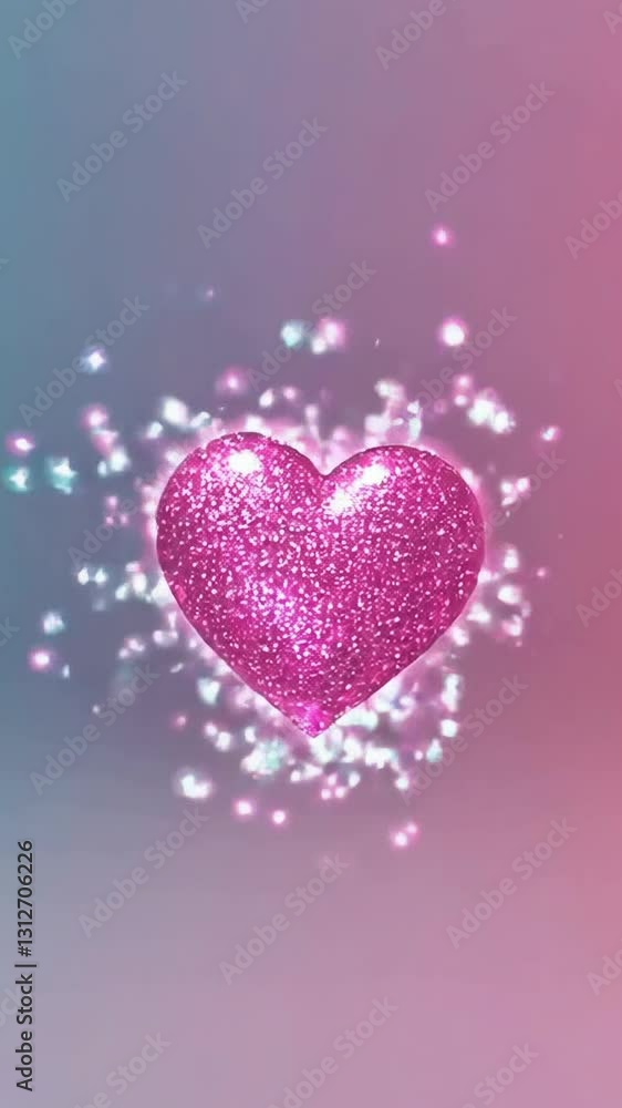 Poster glittering pink heart pulsating with sparkling energy on gradient background