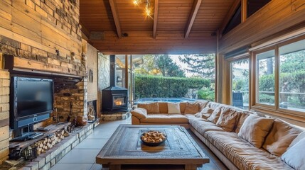 Fototapeta premium Rustic Modern Living Room with Breathtaking Garden View