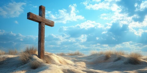 Wooden cross stands alone in a serene desert landscape under a bright sky