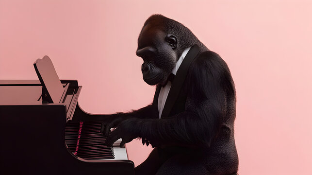 Majestic Digital Artwork of a Gorilla in a Tuxedo Gracefully Playing a Grand Piano on a Soft Pink Background