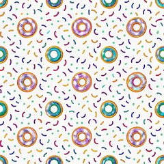 Fototapeta premium Colorful donuts and sprinkles seamless pattern.