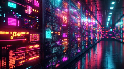 Neon server room, data centers, futuristic technology, glowing displays,  background