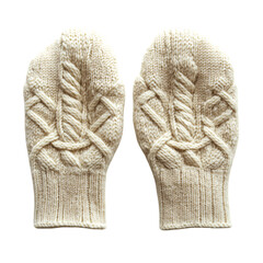 Two White Knit Mittens with Braided Patterns Isolated on Transparent Background