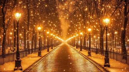 Snowy alleyway, glowing lights, snowfall, winter night, romantic ambiance, holiday card