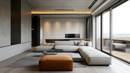 Naklejka premium Modern Minimalist Living Room Design with Panoramic Views