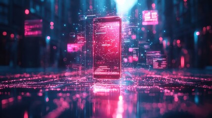 Futuristic phone in city, data overlay, technology, concept image
