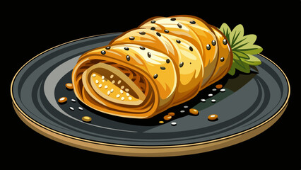 pastry roll filo potato with sesame well baked, on black plate